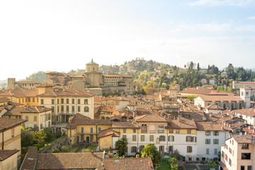 Panoramic aerial view of Bergamo Alta, the upper city. It is a medieval town in northern Italy