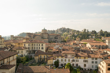Fototapeta na wymiar Panoramic aerial view of Bergamo Alta, the upper city. It is a medieval town in northern Italy