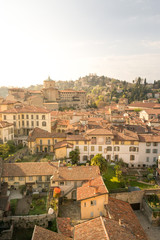 Panoramic aerial view of Bergamo Alta, the upper city. It is a medieval town in northern Italy