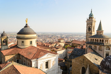 Panoramic aerial view of Bergamo Alta, the upper city. It is a medieval town in northern Italy, in the background the lowercity in the lowland