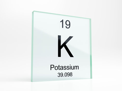 Potassium element symbol from periodic table on glass icon - realistic 3D render
