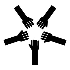 Five hands Group arms Many hands connecting Open palms People putting their hands together Stack hands concept unity icon black color vector illustration flat style image
