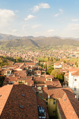 Panoramic aerial view of Bergamo Alta, the upper city. It is a medieval town in northern Italy