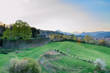 Landscape view of the country side near Bergamo in Italy seen from the ancient city walls recently nominated Unesco heritage site
