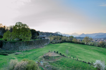 Landscape view of the country side near Bergamo in Italy seen from the ancient city walls recently nominated Unesco heritage site