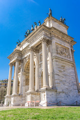 Fototapeta na wymiar Arch of Triumph (Arco della Pace) at Park Sempione in Milan, Italy
