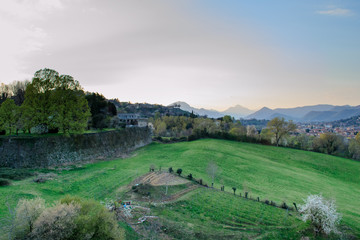 Landscape view of the country side near Bergamo in Italy seen from the ancient city walls recently nominated Unesco heritage site