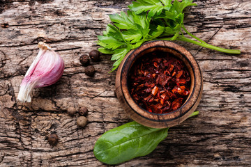 Wooden table of colorful spices