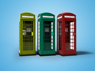 Telephone booth red green yellow 3d render on blue background with shadow