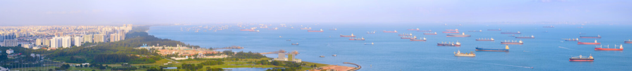 Singapore harbor cargo ships panorama