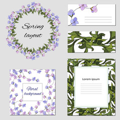 Text frames with blue and pink colors for corporate identity. Templates for business cards and postcards with a contour floral green design. Bookmarks.