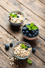 Mix of homemade cereal with blueberry and mint
