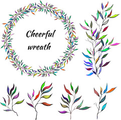 A set of colorful branches with lity. Vector wreath of leaves. Cheerful children's pattern. Vector brush for decorating cards, designer greetings.