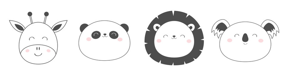 Giraffe Lion Koala Panda bear round face head sketch line icon set line. Cute cartoon character. Kawaii animal. Funny baby kids print. Love Greeting card. Flat design. White background. Isolated.