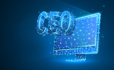 Chief Executive Officer, CEO on monitor screen. Device, leadership, headship concept. Abstract, digital, wireframe, low poly mesh, vector blue neon 3d illustration. Triangle, line, dot, star