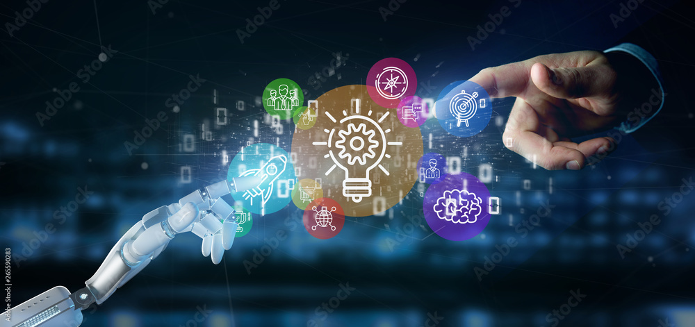 Poster cyborg hand holding a cloud of colorfull start up icon bubble with data binary 3d rendering