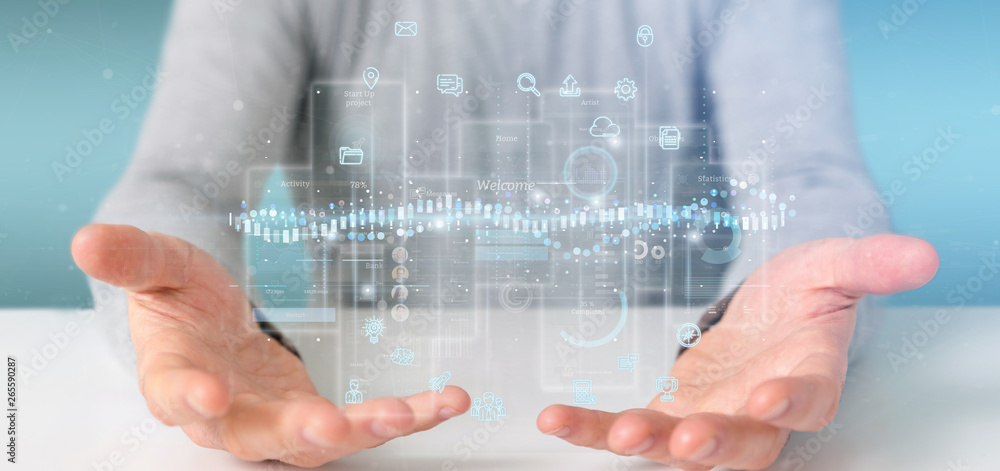 Poster businessman holding user interface screens with icon, stats and data 3d rendering