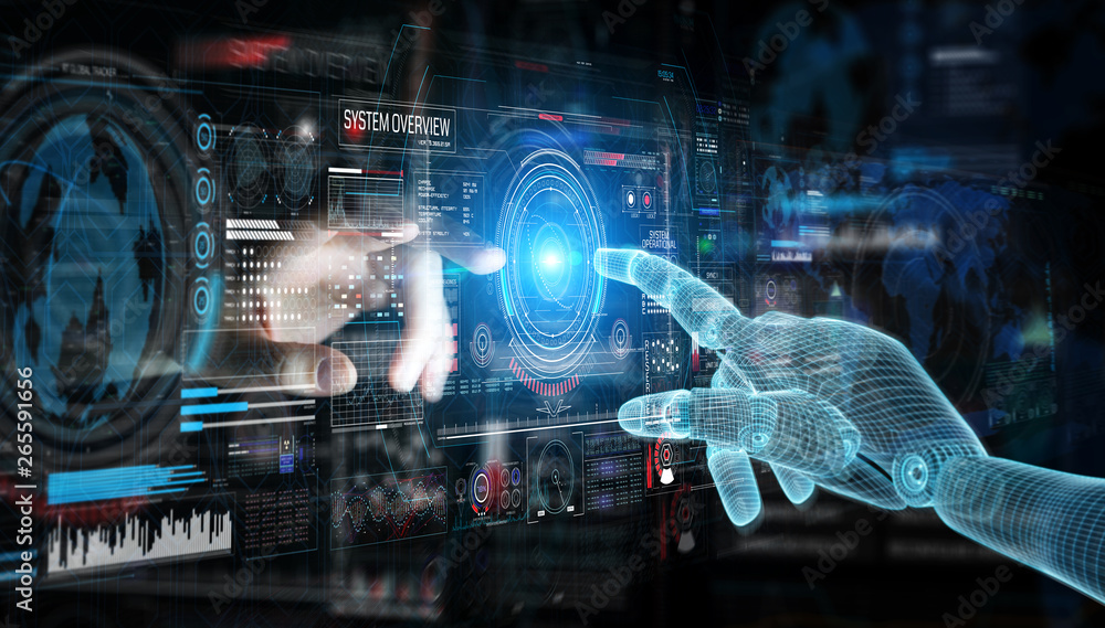 Fototapete wireframed robot hand and human hand touching digital graph interface on dark 3d rendering