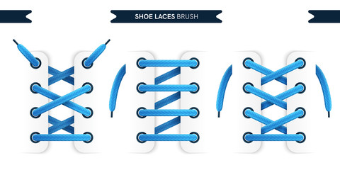 Shoe laces brush set isolated on a white background. Blue color. Realistic lace knots and bows. Modern simple design. Flat style vector illustration. - obrazy, fototapety, plakaty