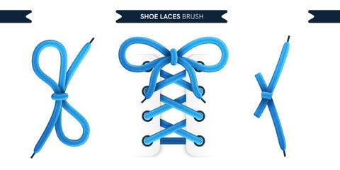 Shoe laces brush set isolated on a white background. Blue color. Realistic lace knots and bows. Modern simple design. Flat style vector illustration. - obrazy, fototapety, plakaty