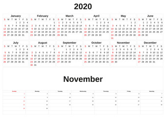 2020 a monthly calendar  with white background.