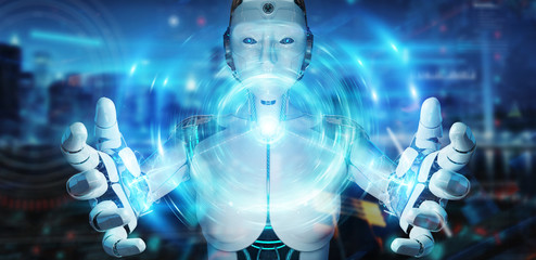 Obraz na płótnie Canvas White humanoid robot creating new futuristic energy power source 3D rendering