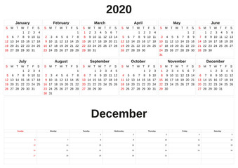 2020 a monthly calendar  with white background.