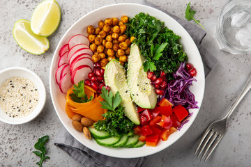 salad with avocado, roasted chickpeas, kale, cucumber, carrot, red cabbage, bell pepper and redish...