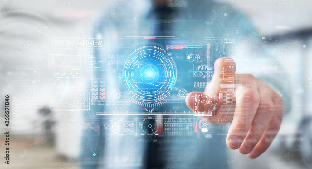 Aufkleber Businessman using digital technological interface with datas 3D rendering