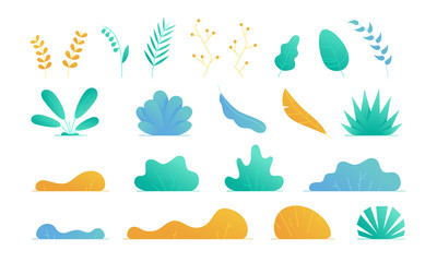 Plants set isolated. Flat style. Leaves, flowers, bushes and trees. Modern trendy minimalistic and simple design. Bright summer, spring colors. Cartoon style. Floral background. Vector illustration.