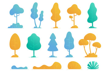 Plants set isolated. Flat style. Leaves, flowers, bushes and trees. Modern trendy minimalistic and simple design. Bright summer, spring colors. Cartoon style. Floral background. Vector illustration.