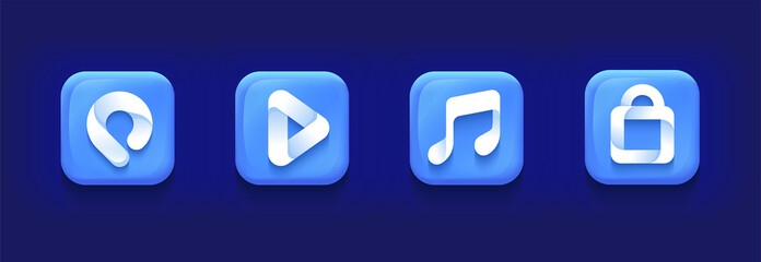 App icon collection. Sign collection. Square shape. Mobile UX/UI. Blue color with gradient. Glossy beautiful button. User interface. Stylish modern template. Vector illustration. Golden ratio.