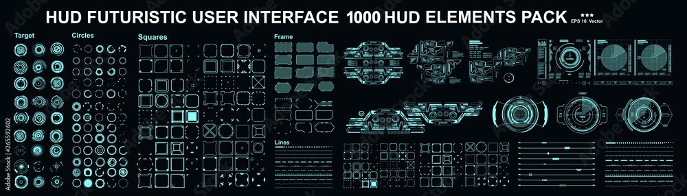 Fototapete HUD elements mega set pack. Dashboard display virtual reality technology screen. Futuristic user interface.