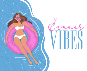 Summer vacation poster. Happy girl chilling on inflatable water donut in cool blue swimming pool. Flat art Vector illustration.