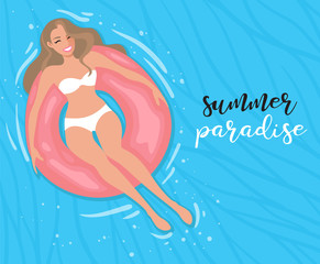 Summer vacation poster. Happy girl chilling on inflatable water donut in cool blue swimming pool. Flat art Vector illustration.