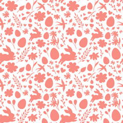 Easter holiday seamless pattern. Vector illustration of Easter egg hunt, rabbit and spring flowers.
