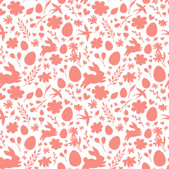 Easter holiday seamless pattern. Vector illustration of Easter egg hunt, rabbit and spring flowers.