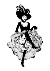 Cancan dancer girl. Vector illustration in vintage style. Dancing woman in laced skirt and hat with feathers isolated on white.