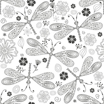 Seamless monochromatic pattern with gragonflies