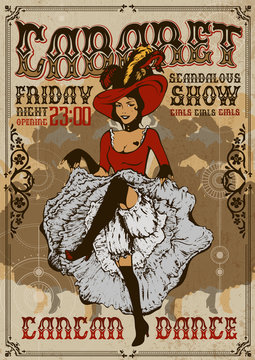 Cabaret show poster invitation. Cancan dancer girl. Vector illustration in vintage Art Nouveau style. Dancing woman in laced skirt and hat with feathers performing cancan dance.