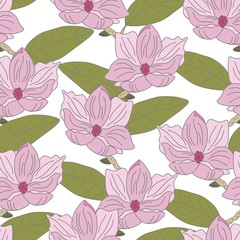 Colorful hand drawn light pink magnolia flower with green leaves on white background. Cute drawing vector seamless pattern.