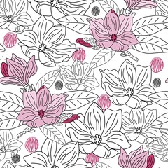 Hand drawn doodle style magnolia flowers on white background, black and white and colorful pattern elements. Vector seamless repeat pattern. 