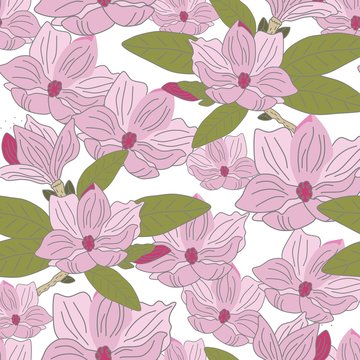 Colorful hand drawn light pink magnolia flower with green leaves on white background. Cute drawing vector seamless pattern. © Martina Lukáčová