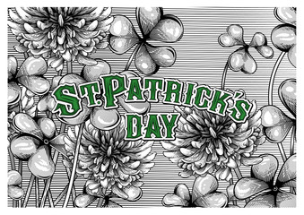 "St.Patrick's day" poster. Vector illustration of blooming clover in engraving technique. Typographic poster, greeting card, banner.