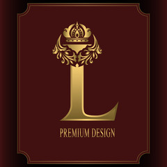 Gold Letter L with Crown. Graceful Royal Style. Calligraphic Beautiful Logo. Vintage Drawn Emblem for Book Design, Brand Name, Business Card, Restaurant, Boutique, Crest, Hotel. Vector illustration