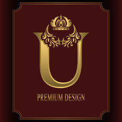 Gold Letter U with Crown. Graceful Royal Style. Calligraphic Beautiful Logo. Vintage Drawn Emblem for Book Design, Brand Name, Business Card, Restaurant, Boutique, Crest, Hotel. Vector illustration