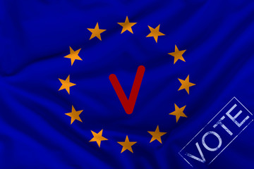 red check mark and voice stamp on the background of the European Union flag and voice stamp, concept of elections to the European Parliament