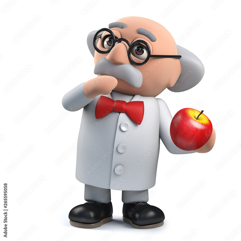 Wall mural 3d mad scientist professor character surprised by an apple