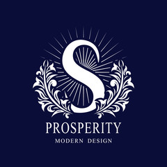 Letter S in the Sunlight. Coat of Arms with a Floral Wreath. Art Logo Design. Luxurious Monogram for Personal or Family Emblem, Business Sign, Wedding, Boutique, Hotel, Restaurant. Vector illustration