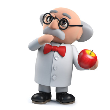 3d Mad scientist professor character surprised by an apple